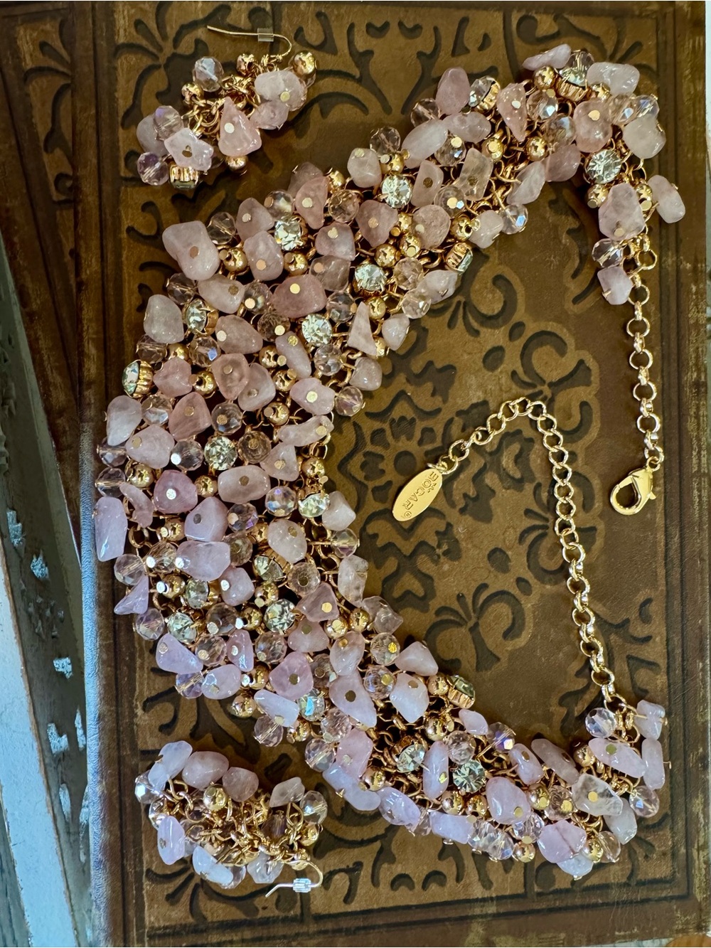 Bogar Gold-Tone Pink Crystal Bin Cluster Necklace and earrings